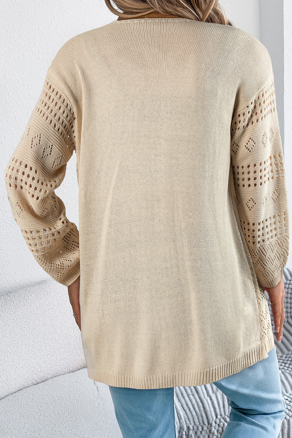 Solid Color Hollowed Knit Open Front Cardigan Sweater