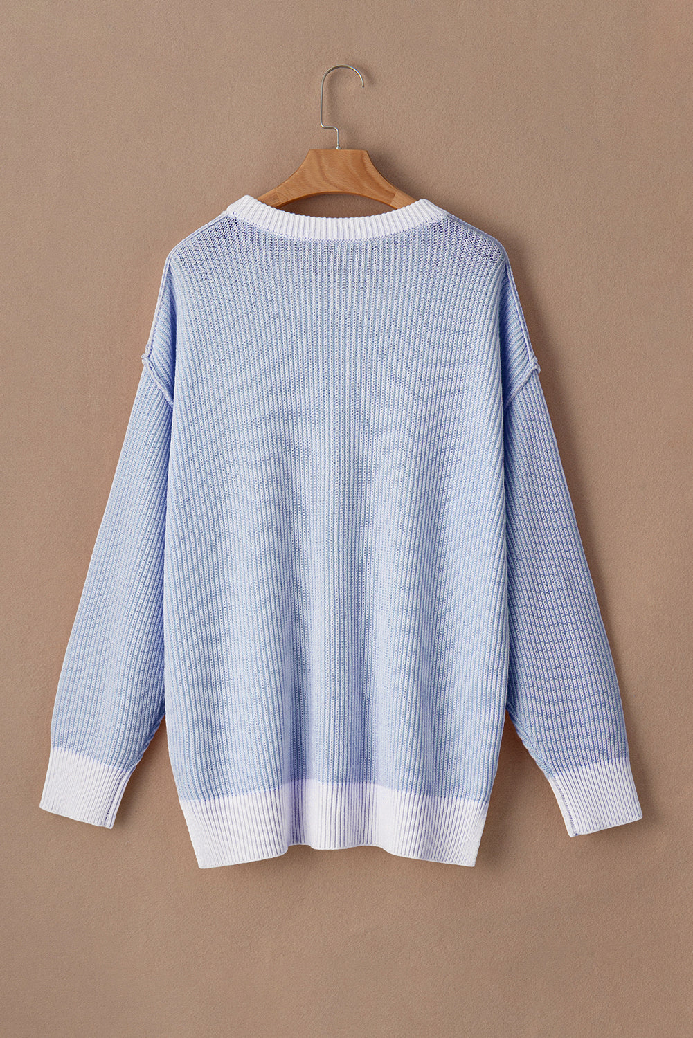 Plus Size Contrast Trim Crew Neck Rib Knit Drop Shoulder Sweater