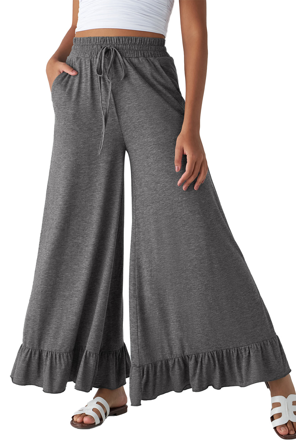 Ruffled Wide Leg Pull On High Waist Pants with Pockets