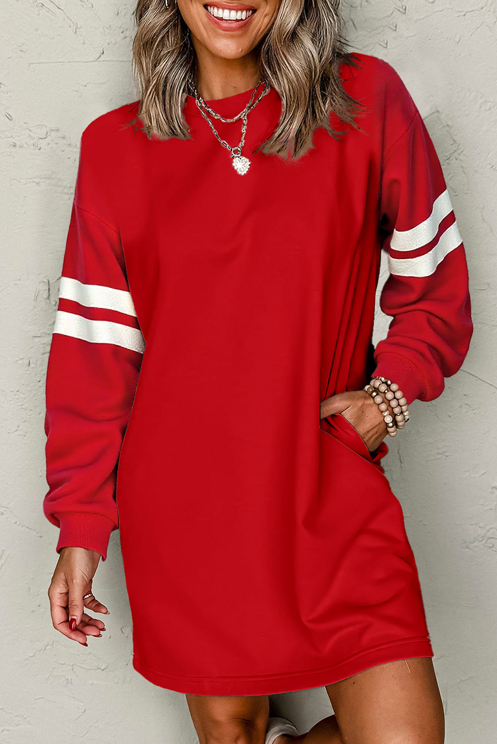 Varsity Contrast Banded Sleeve Shift Sweatshirt Dress