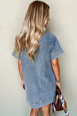 Short Sleeve Collared Patched Pocket Denim Mini Dress