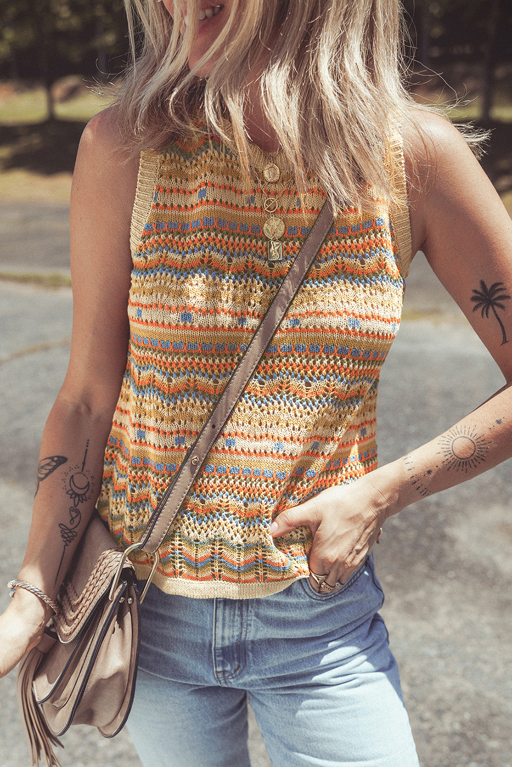 Eyelet Crochet Round Neck Sweater Vest