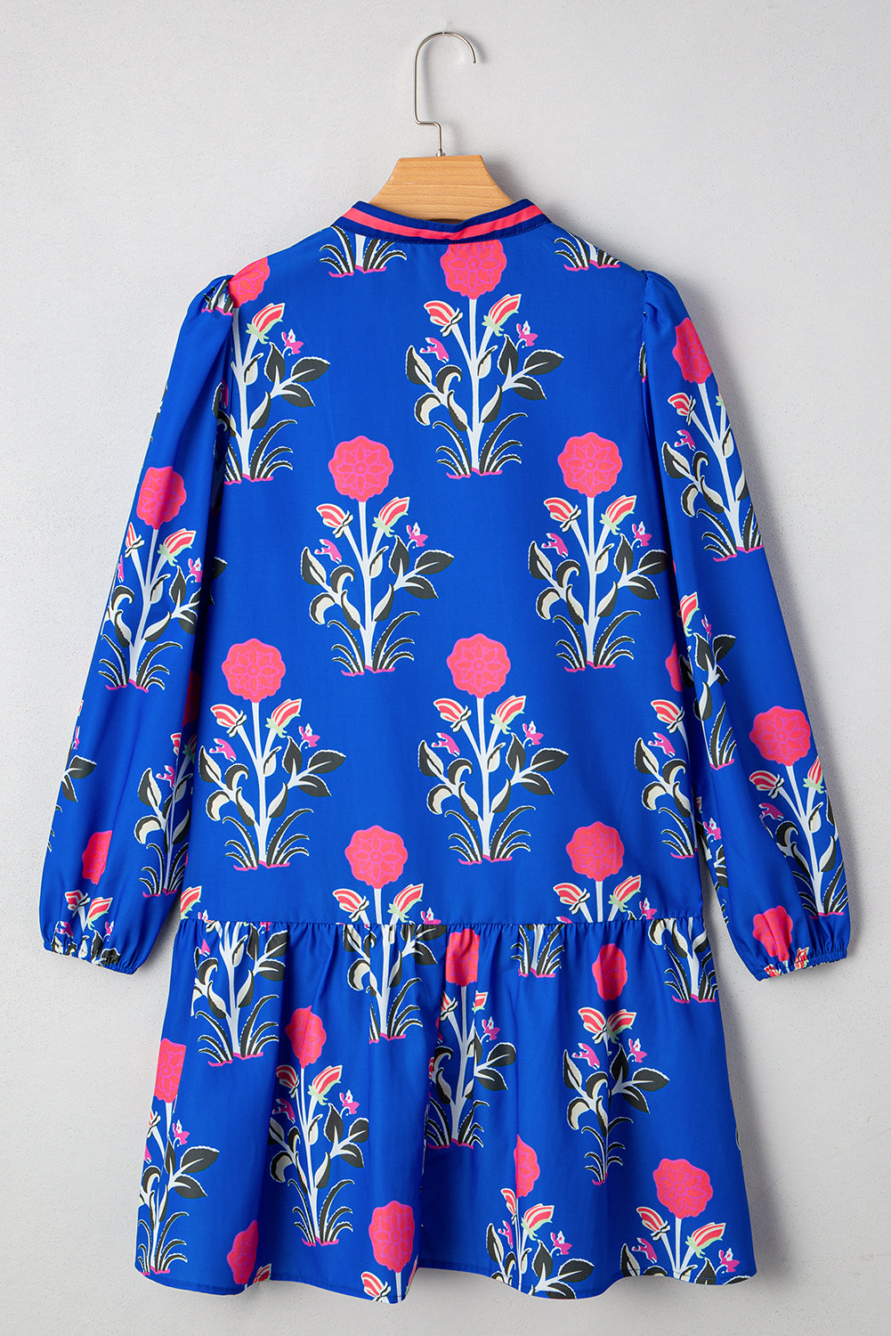 Floral Print Contrast Striped Trim Notched Neck Long Sleeve Dress