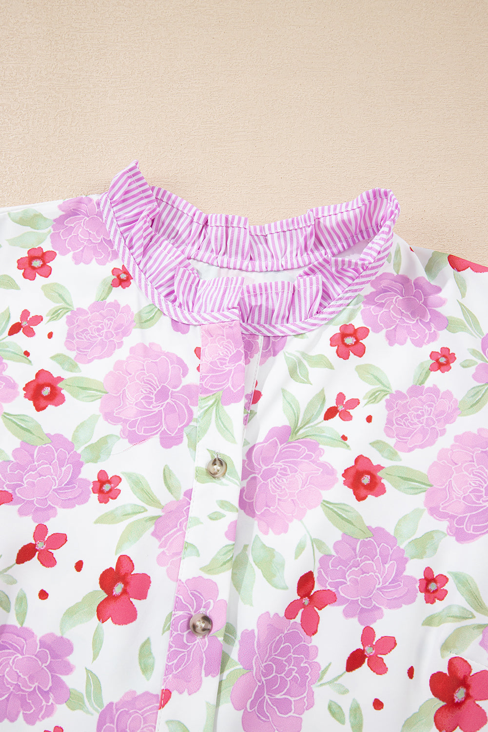 Floral Print Striped Trim Frilled Neck 3/4 Sleeve Flared Mini Dress