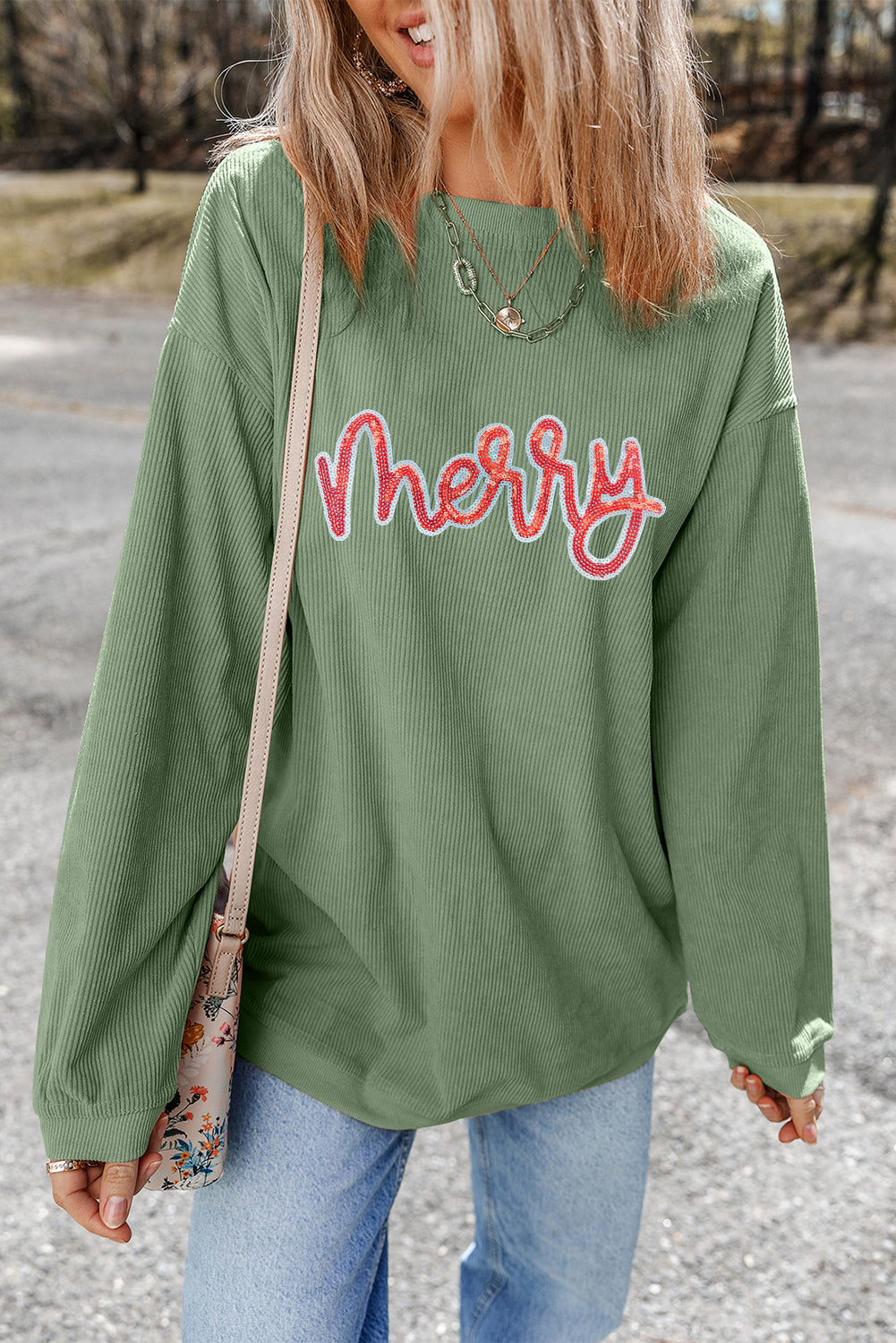Sequined merry Letter Graphic Twisted Ribbed Baggy Sweatshirt