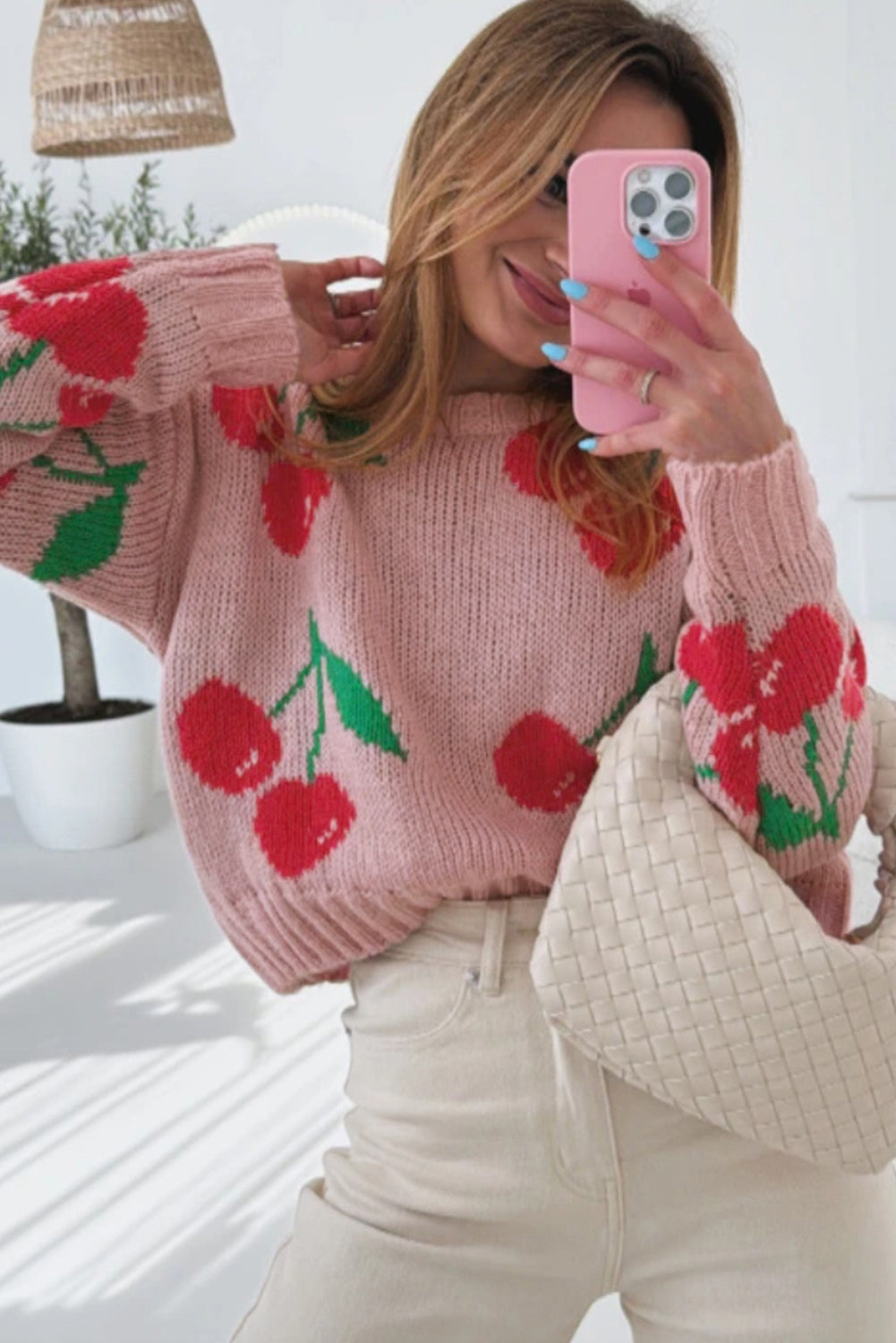 Dainty Cherry Print Loose Cropped Sweater