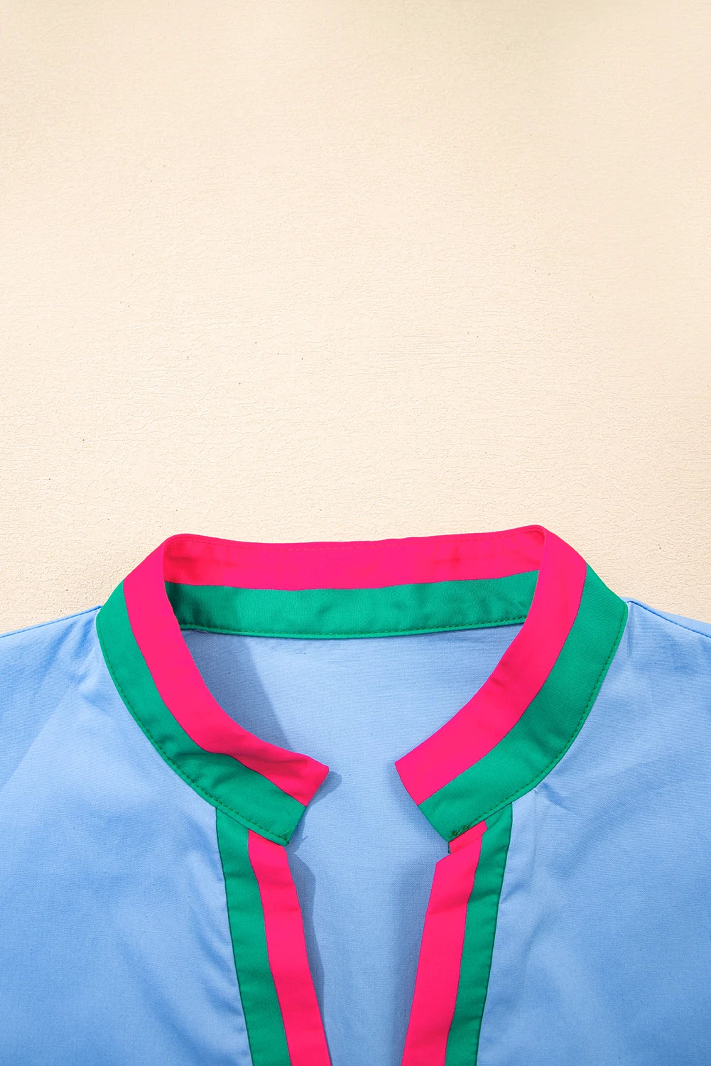 Puff Sleeve Pop of Color Neckline Blouse