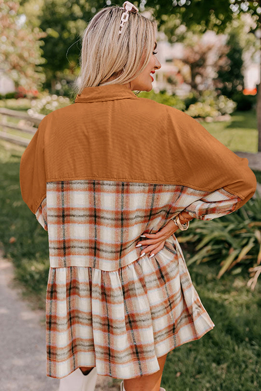 Plaid Color Block Patchwork Ruffle Hem Tunic Shirt Dress