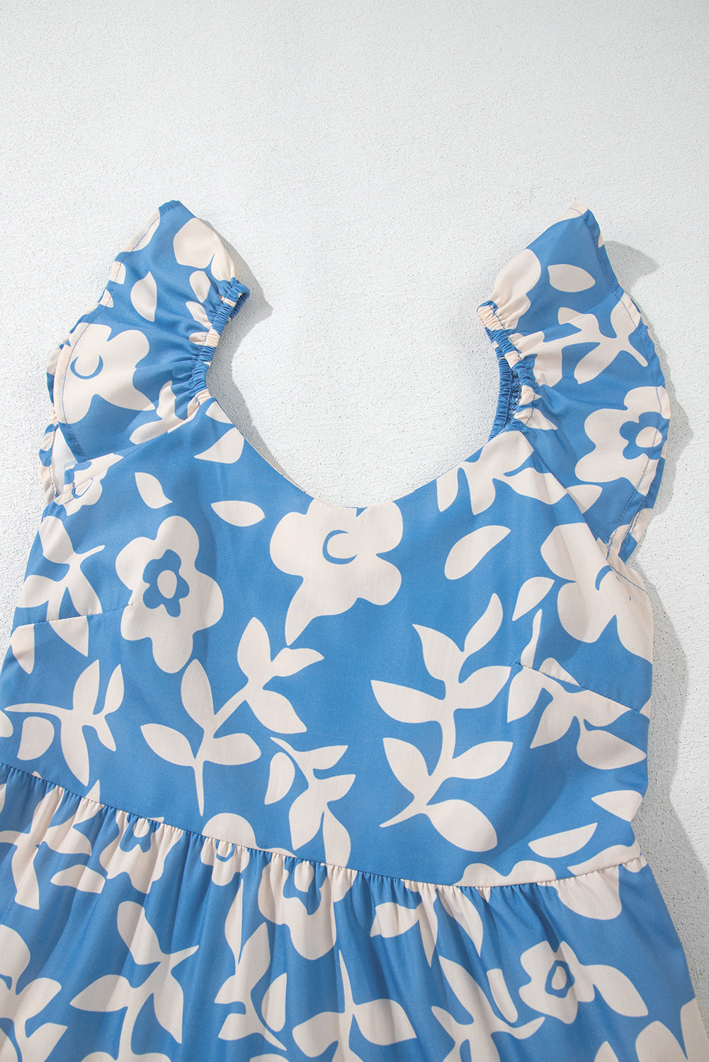 Floral U Neck Flutter Shoulder Tiered Flowy Midi Dress