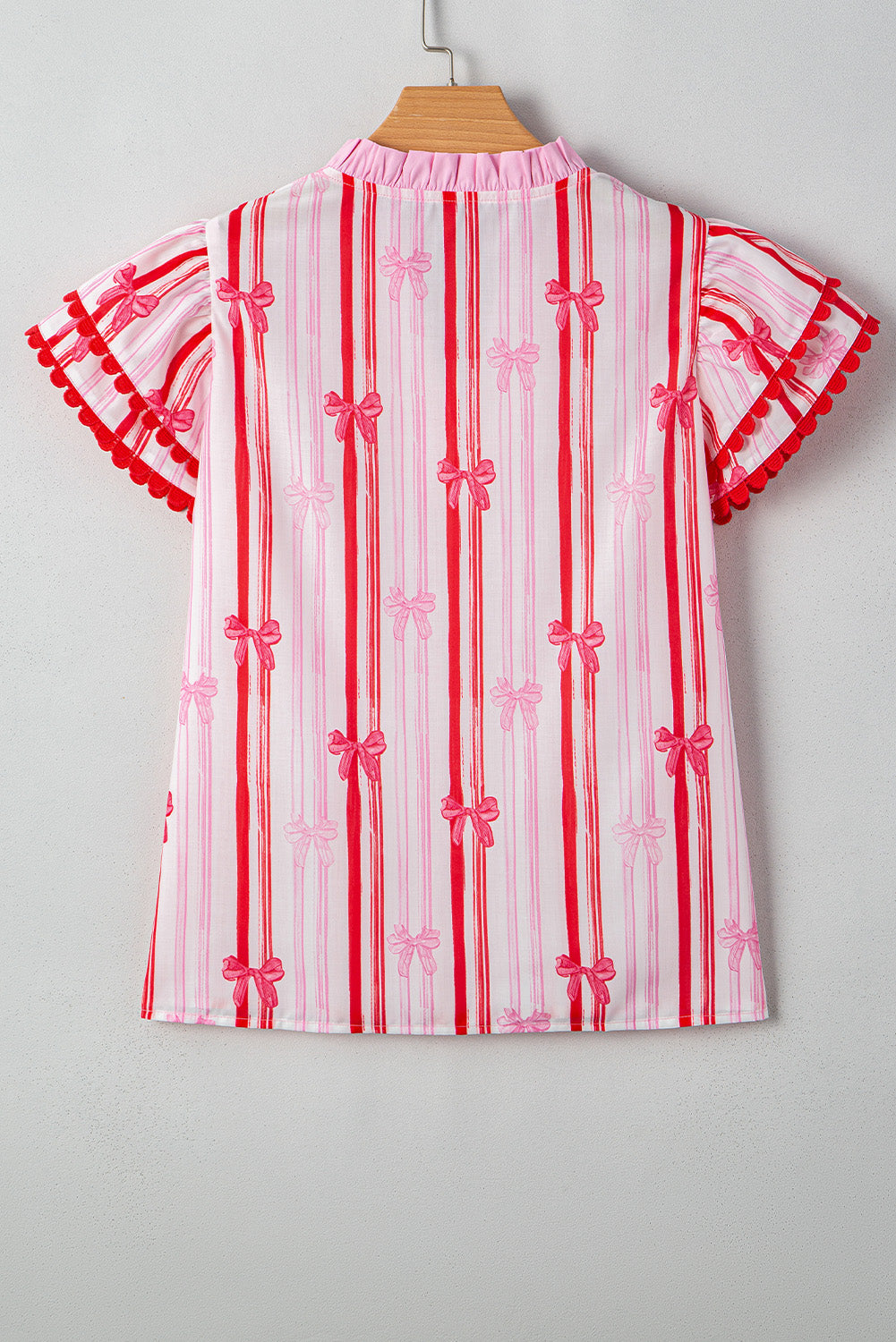 Ric-rac Trim Ruffled Sleeve V Neck Bow Striped Printed Blouse
