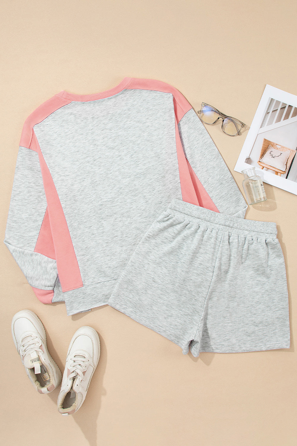 Color Block Raw Hem Pullover and Casual Shorts Set