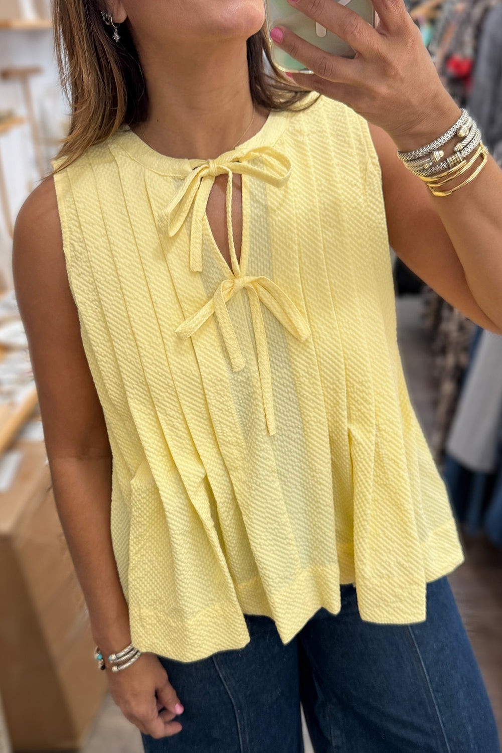 Bow Tie Notched Neck Pleated Tank Top