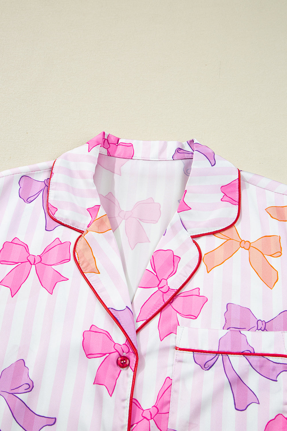Striped Bow Print Contrast Piping Trim Shirt and Pants 2pcs Pajama Set