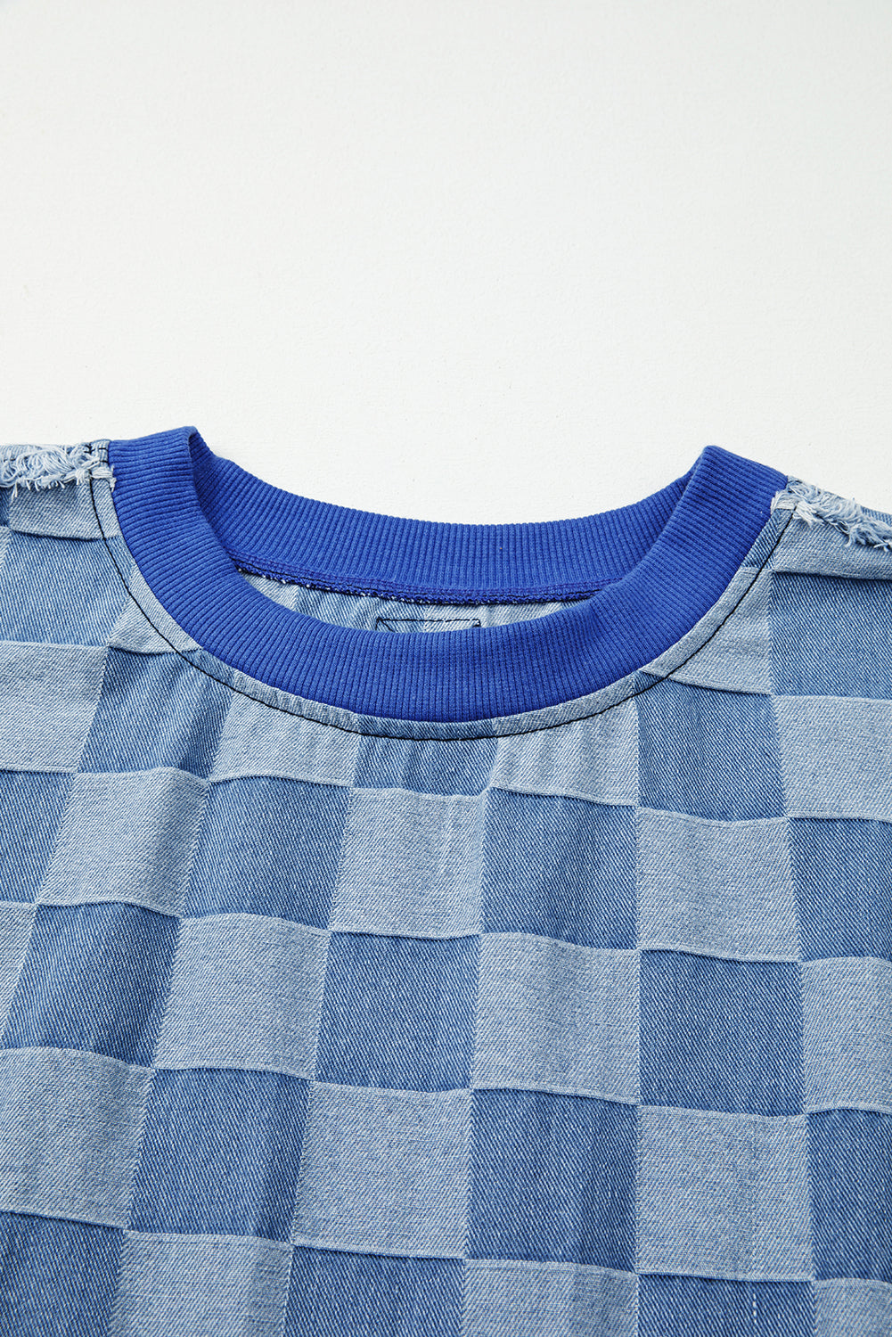 Checkerboard Splicing Raw Detail Oversized Denim Pullover