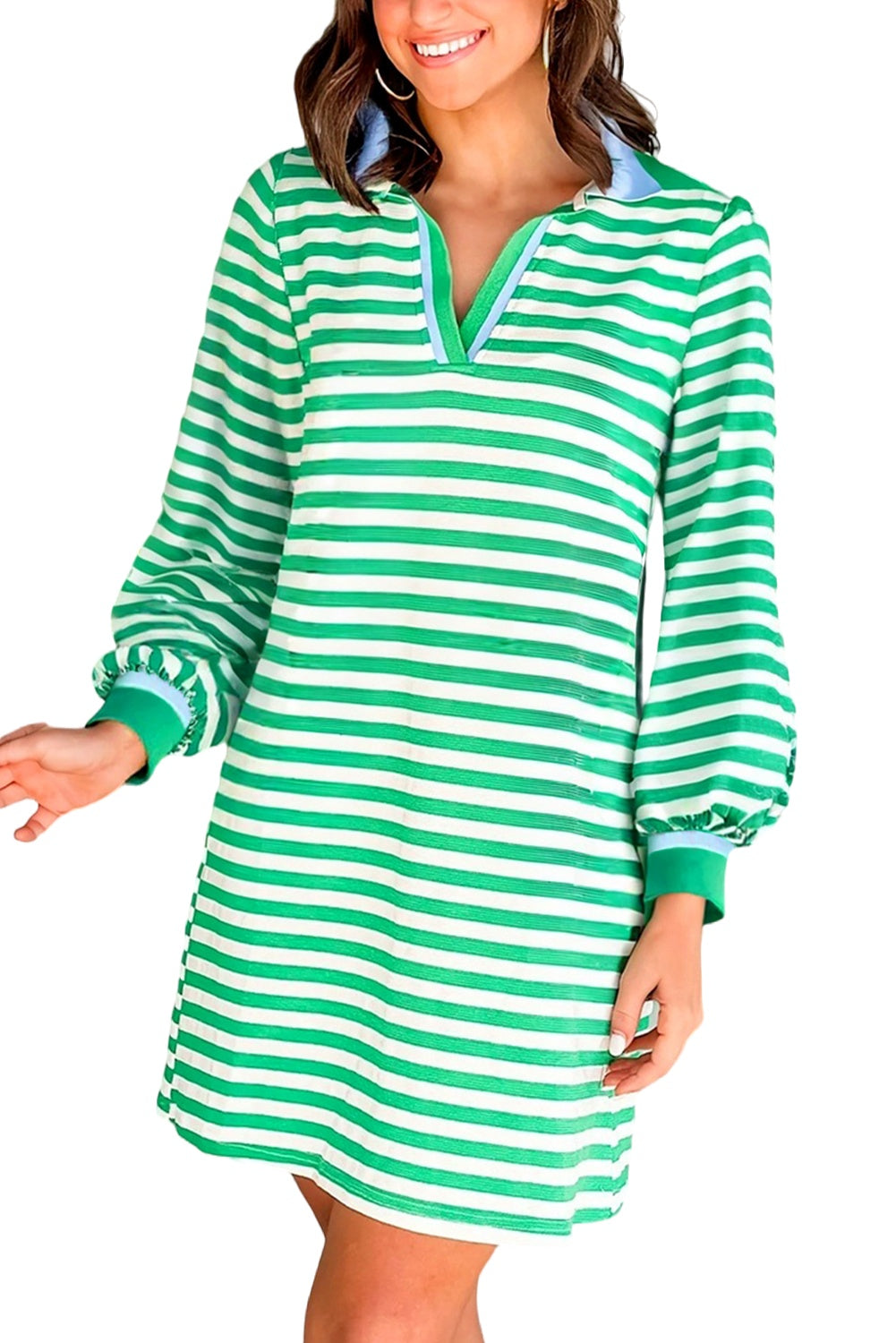Striped Contrast Collar Split Neck Long Sleeve Mini Dress