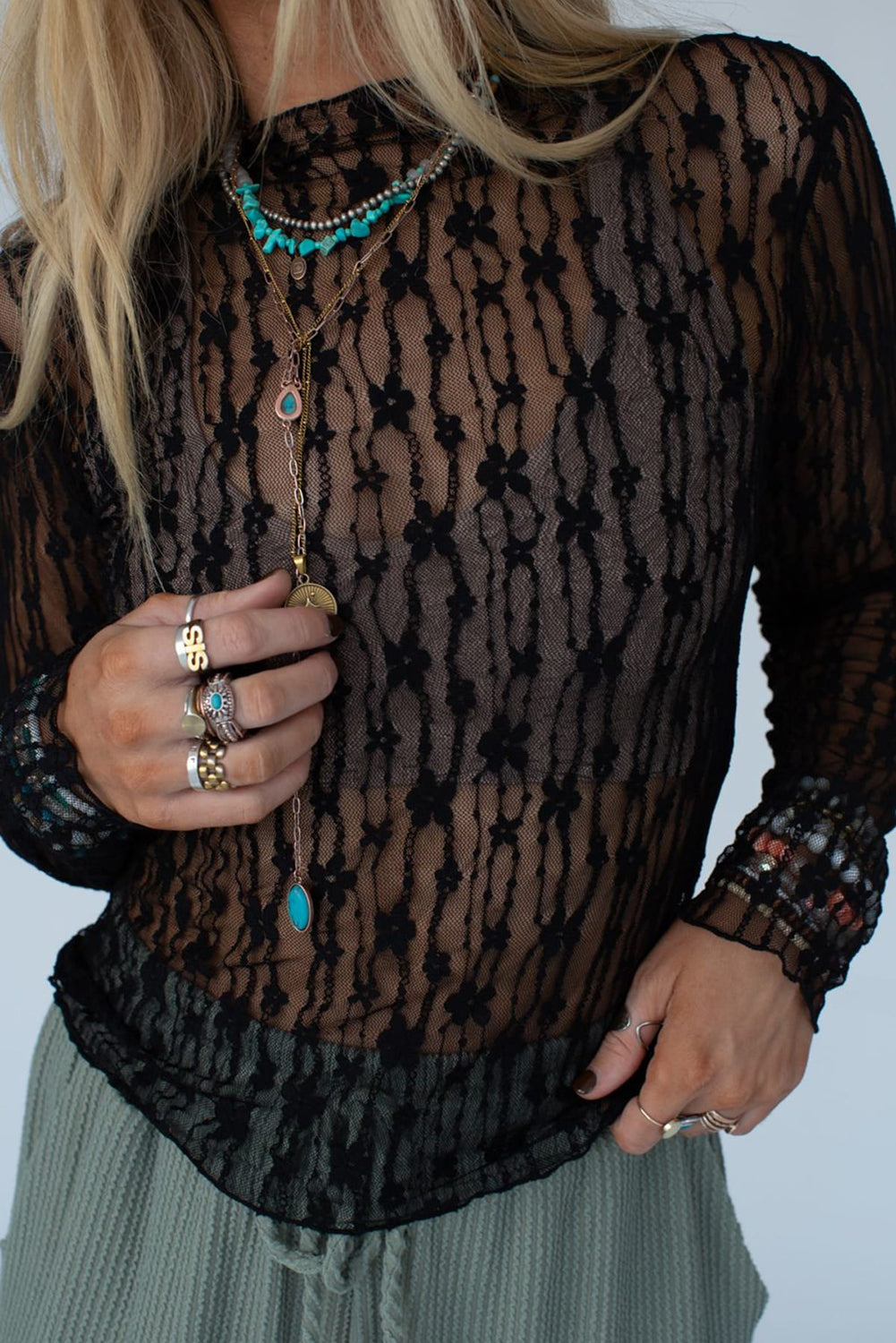 Sheer Floral Lace Long Sleeve Slim Fit Top