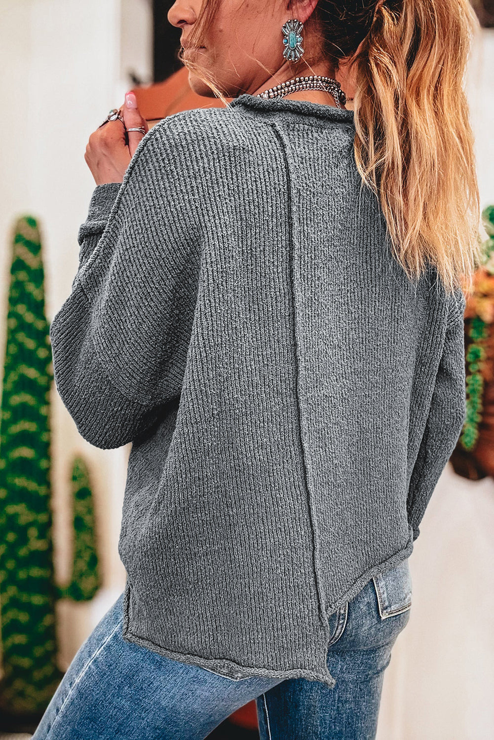 Raw Edge Uneven Hem Patchwork Drop Shoulder Sweater