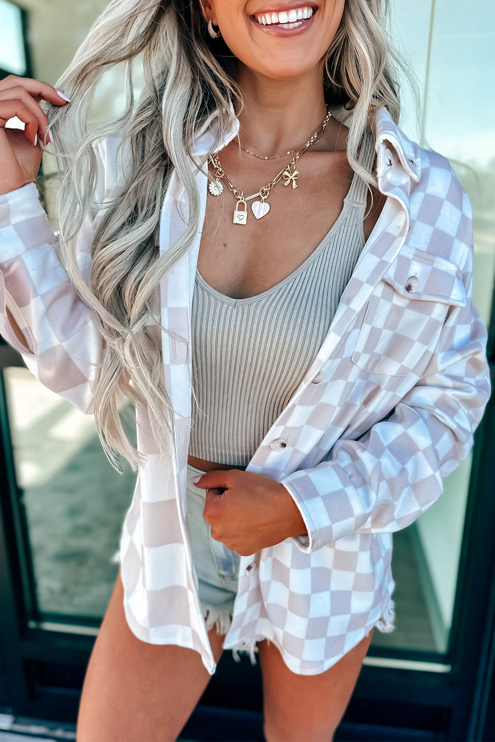 Checkerboard Flap Pocket Button Front Shacket