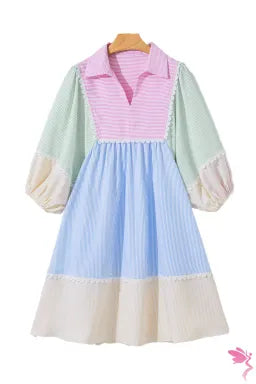 Striped Patchwork Ric Rac Puff Sleeve Collared Mini Dress