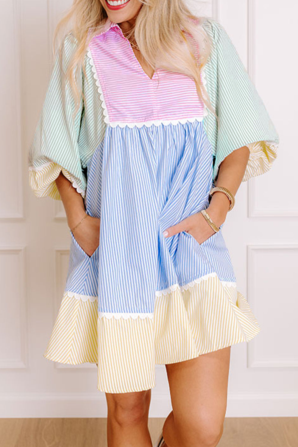 Striped Patchwork Ric Rac Puff Sleeve Collared Mini Dress