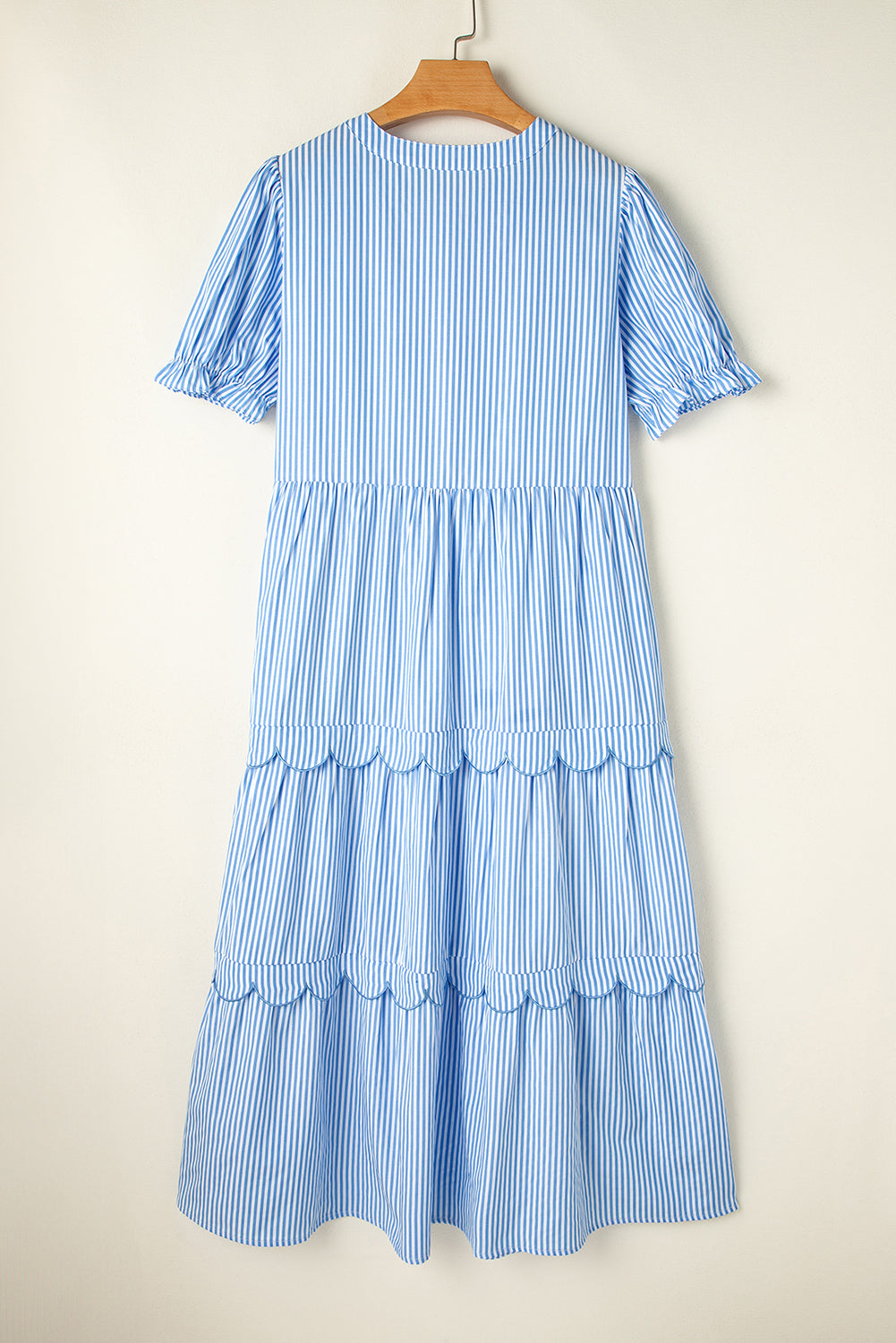 Stripe Bubble Sleeve Scallop Tiered Dress