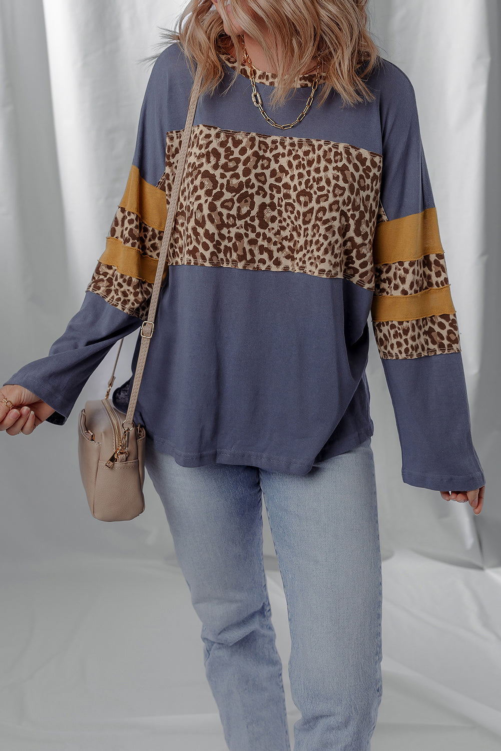 Leopard Colorblock Patchwork Long Sleeve Drop Shoulder Top