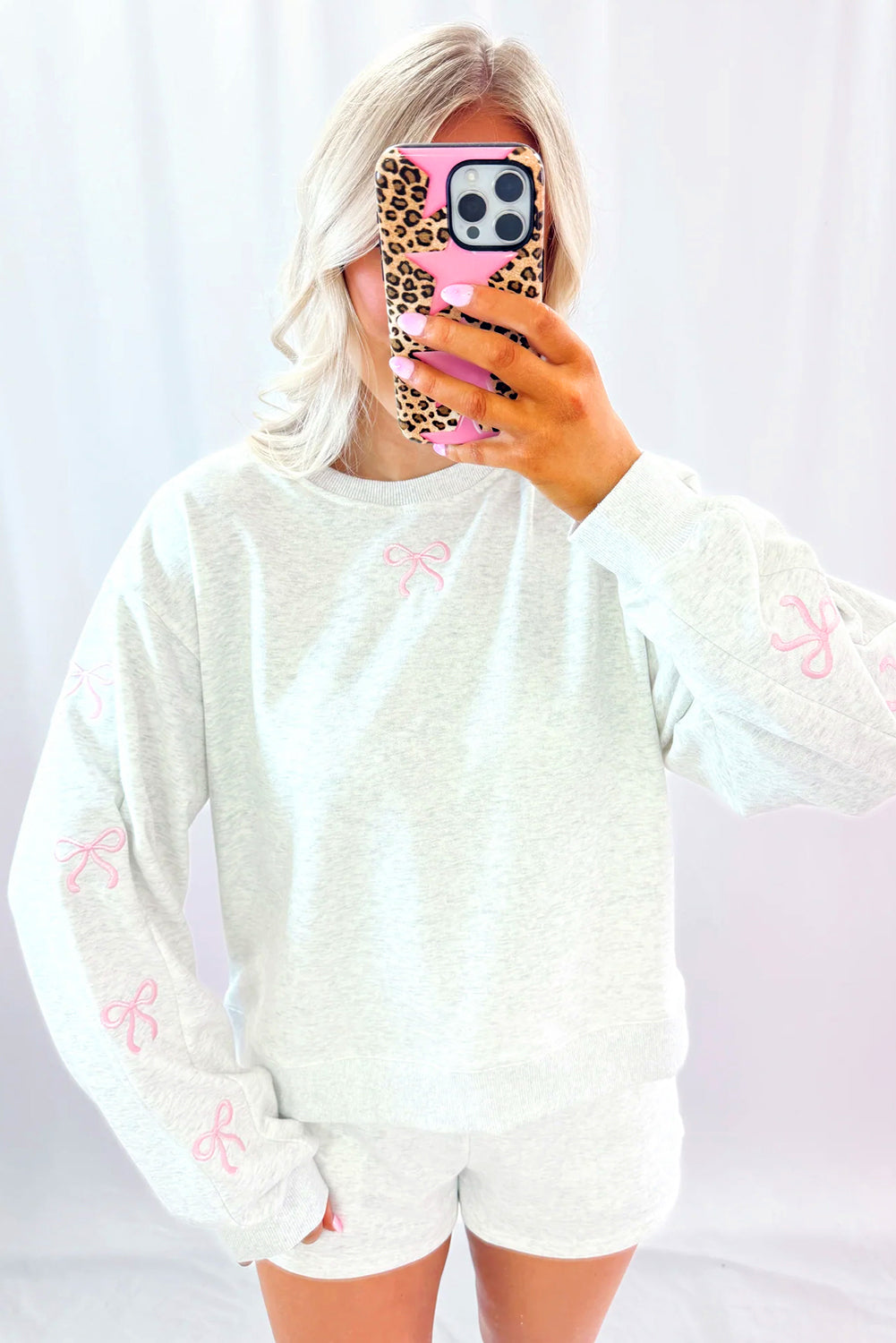 Girly Bow Embroidered Detail Puff Sleeve Pullover 2pcs Short Set