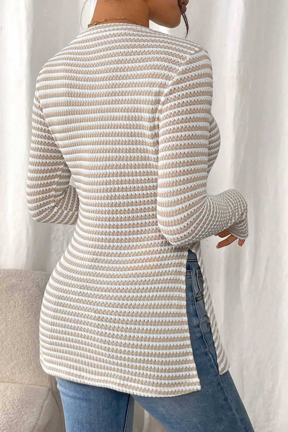 Striped Knit Side Slit Slim Round Neck Tunic Top