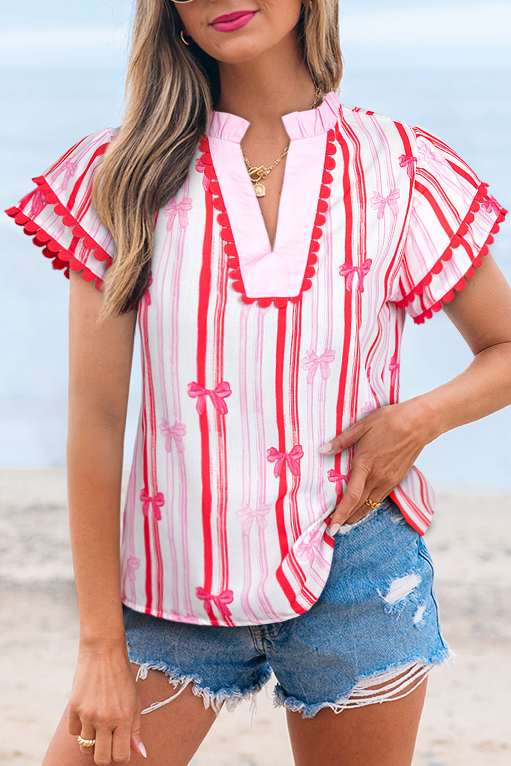 Ric-rac Trim Ruffled Sleeve V Neck Bow Striped Printed Blouse