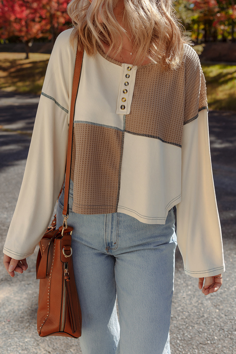 Color Block Waffle Knit Stitch Detail Long Sleeve Top
