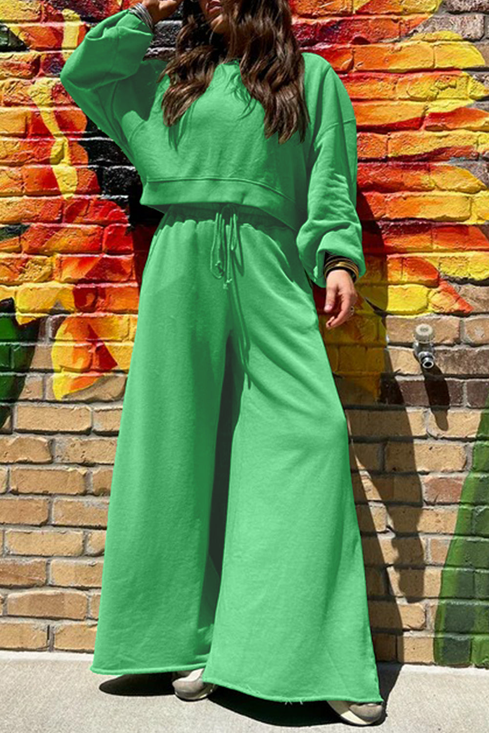 Drop Shoulder Puff Sleeve Crop Pullover Drawstring Wide Leg Pants Set