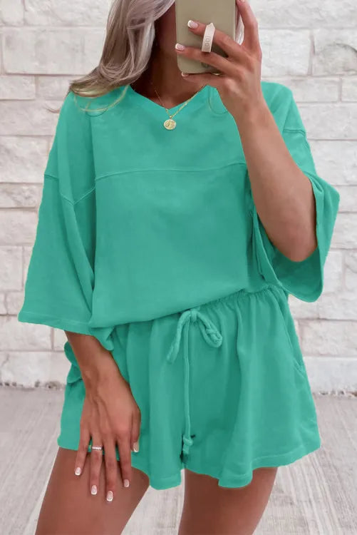 Meadow Mist Green Solid Loose V Neck Half Sleeve Tee and Shorts