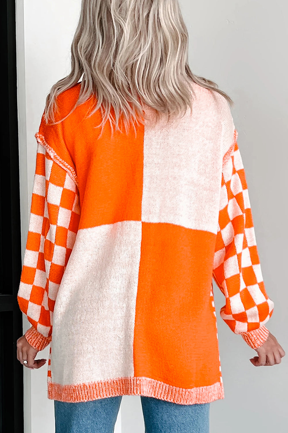 Checkered Open Front Drop Shoulder Cardigan