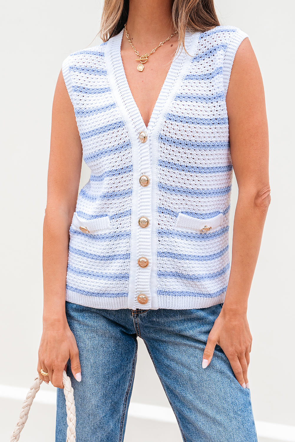 Stripe V Neck Gold Buttons Elegant Sweater Vest