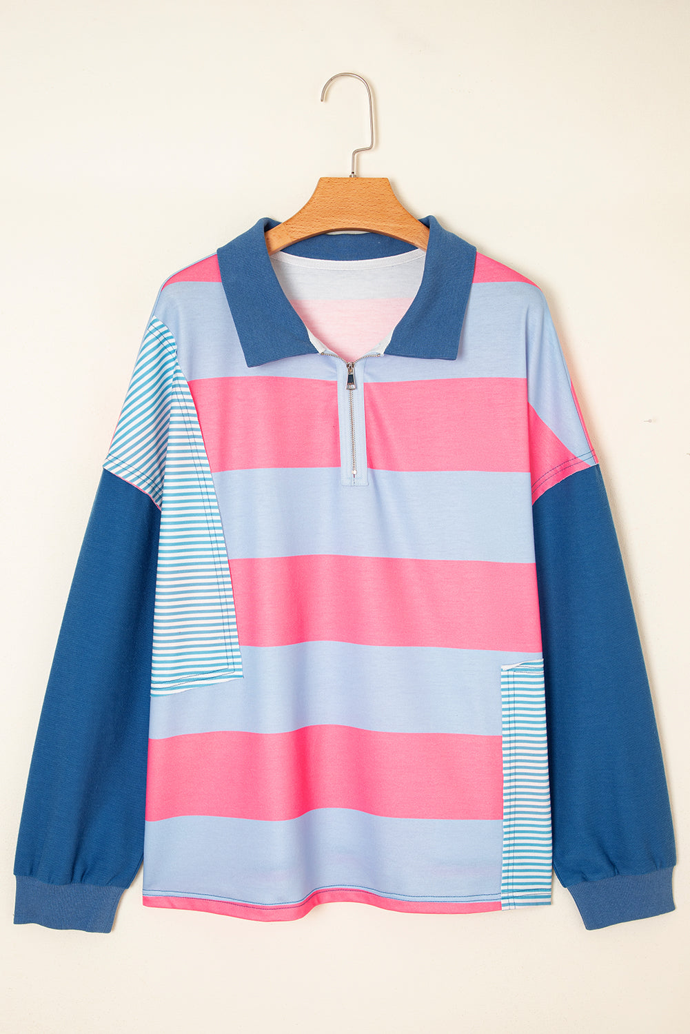 Stripe Colorblock Patchwork Zip up Plus Size Pullover