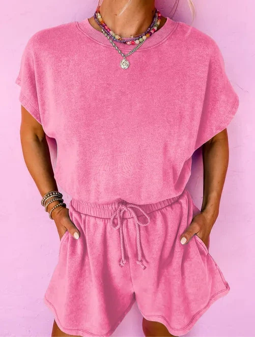 Mist Blue Mineral Wash Drawstring Waist Hollow Out Back Short Sleeve Romper