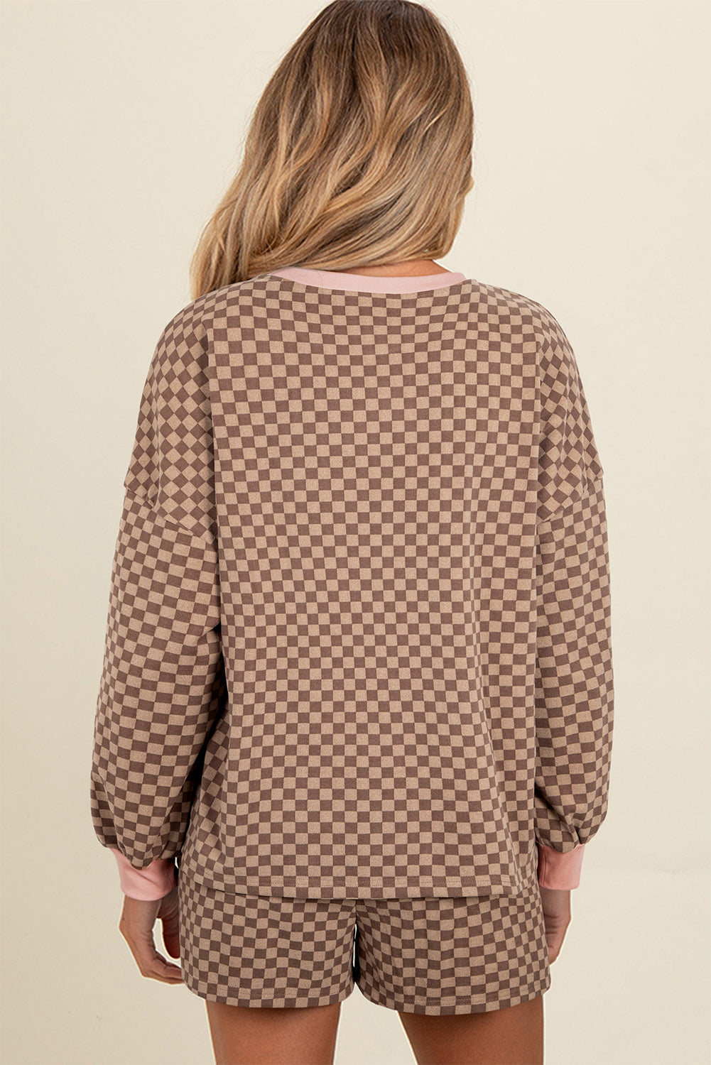 Checkerboard Long Sleeve Pullover and Shorts Set
