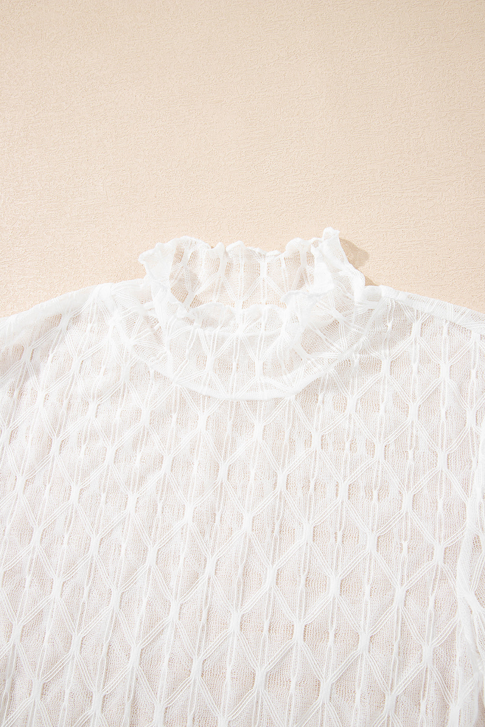 Sheer Mesh Patterned Lettuce Trim Slim Long Sleeve Top
