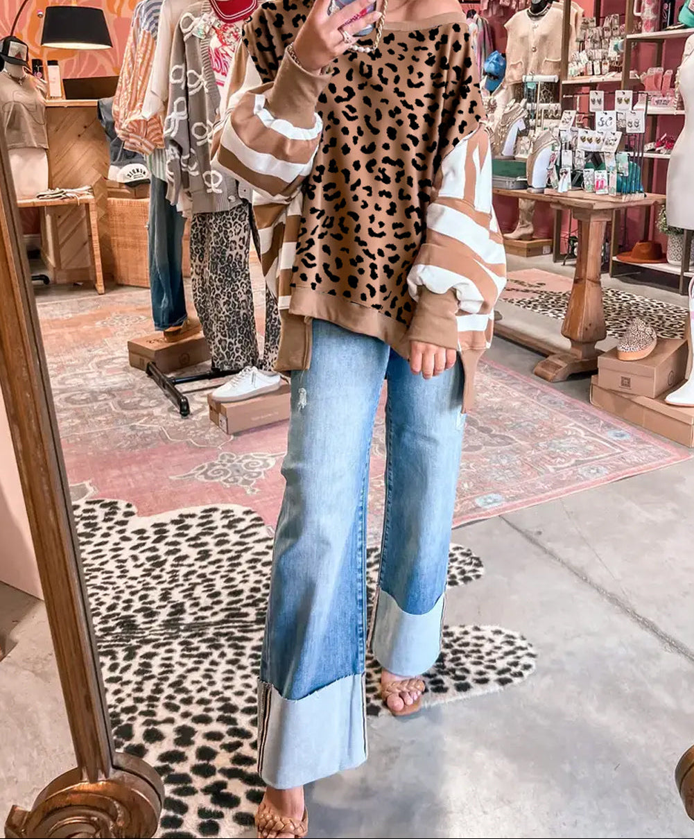 Block Patchwork Leopard Casual Sweatshirt with Slits