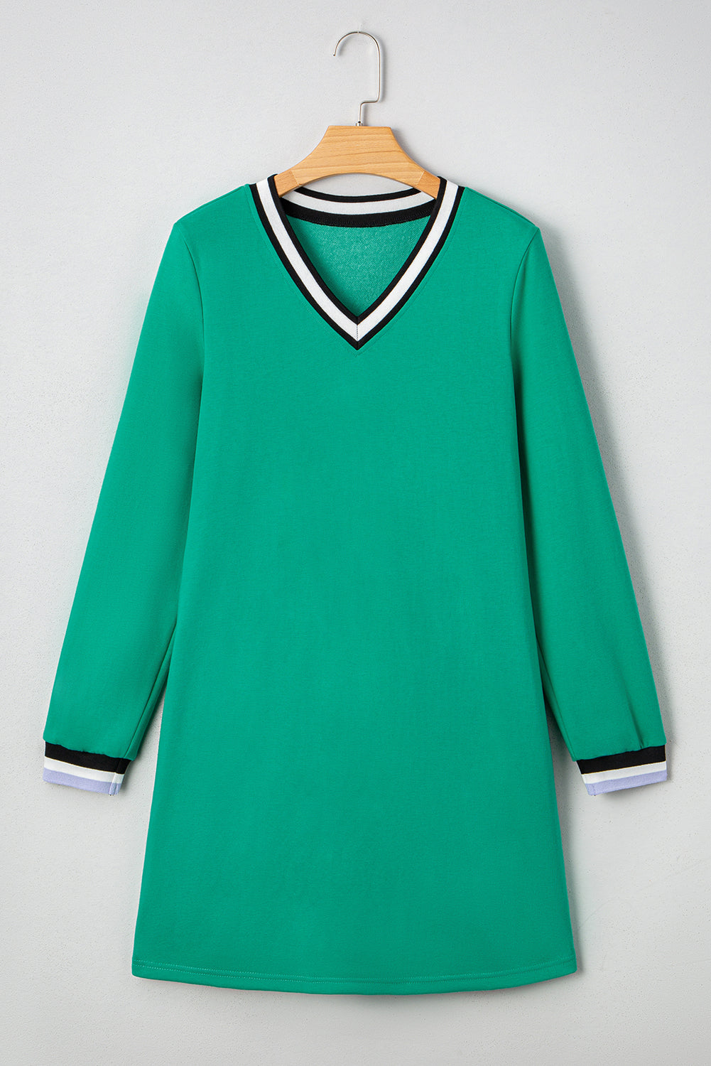 Varsity Contrast Striped V Neck Long Sleeve T Shirt Dress with Pockets