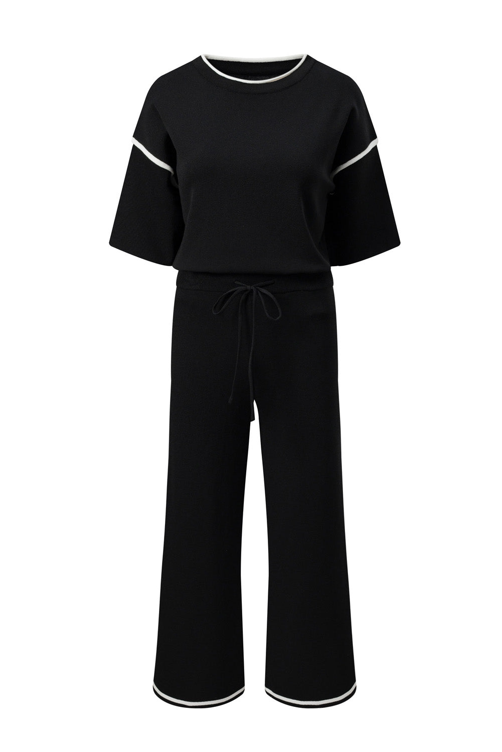 Contrast Trim Half Sleeve Top Drawstring Pants Loose 2pcs Sweater Suit