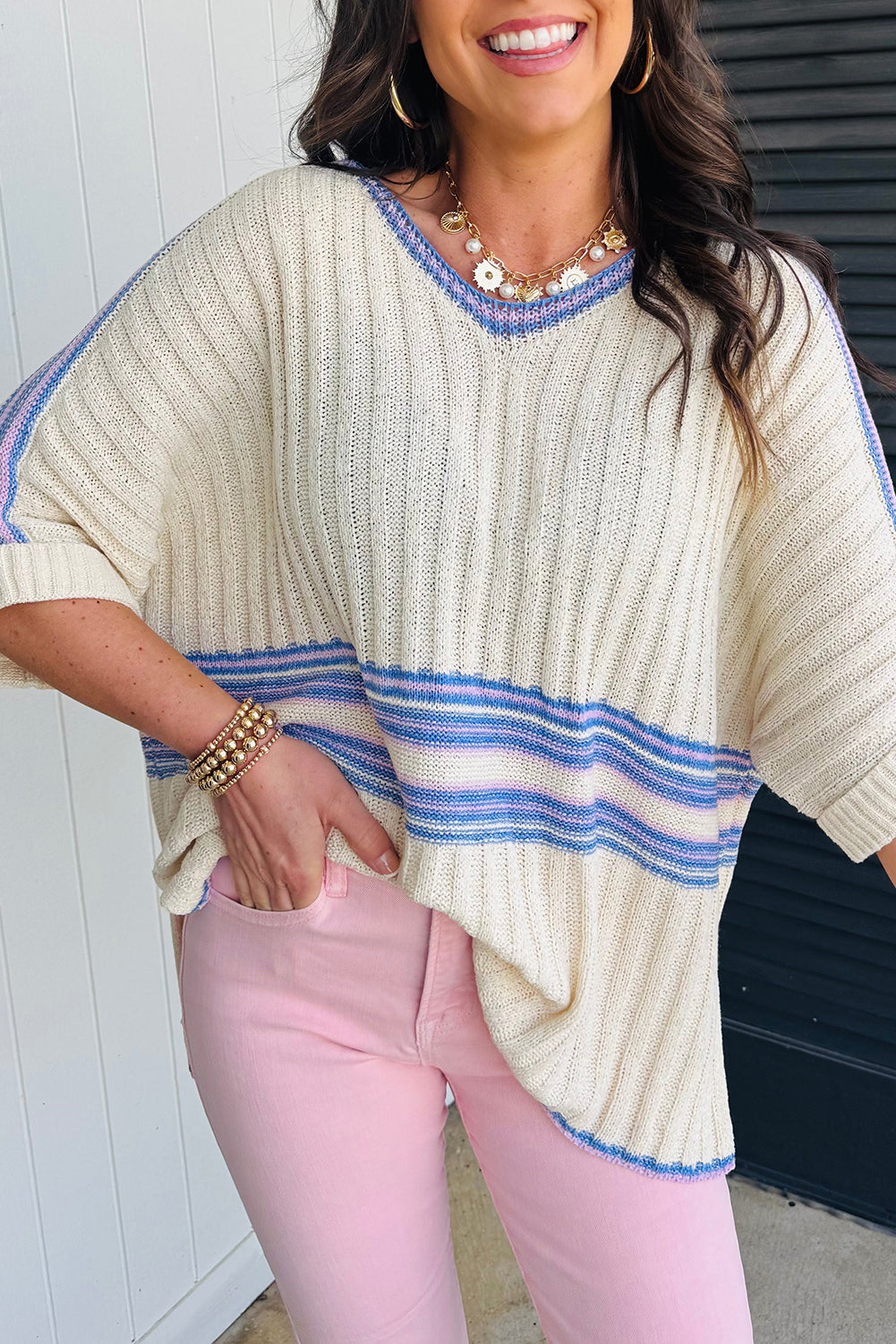 Striped V Neck Dolman Sleeve Rib Knit Oversized Sweater with Slits