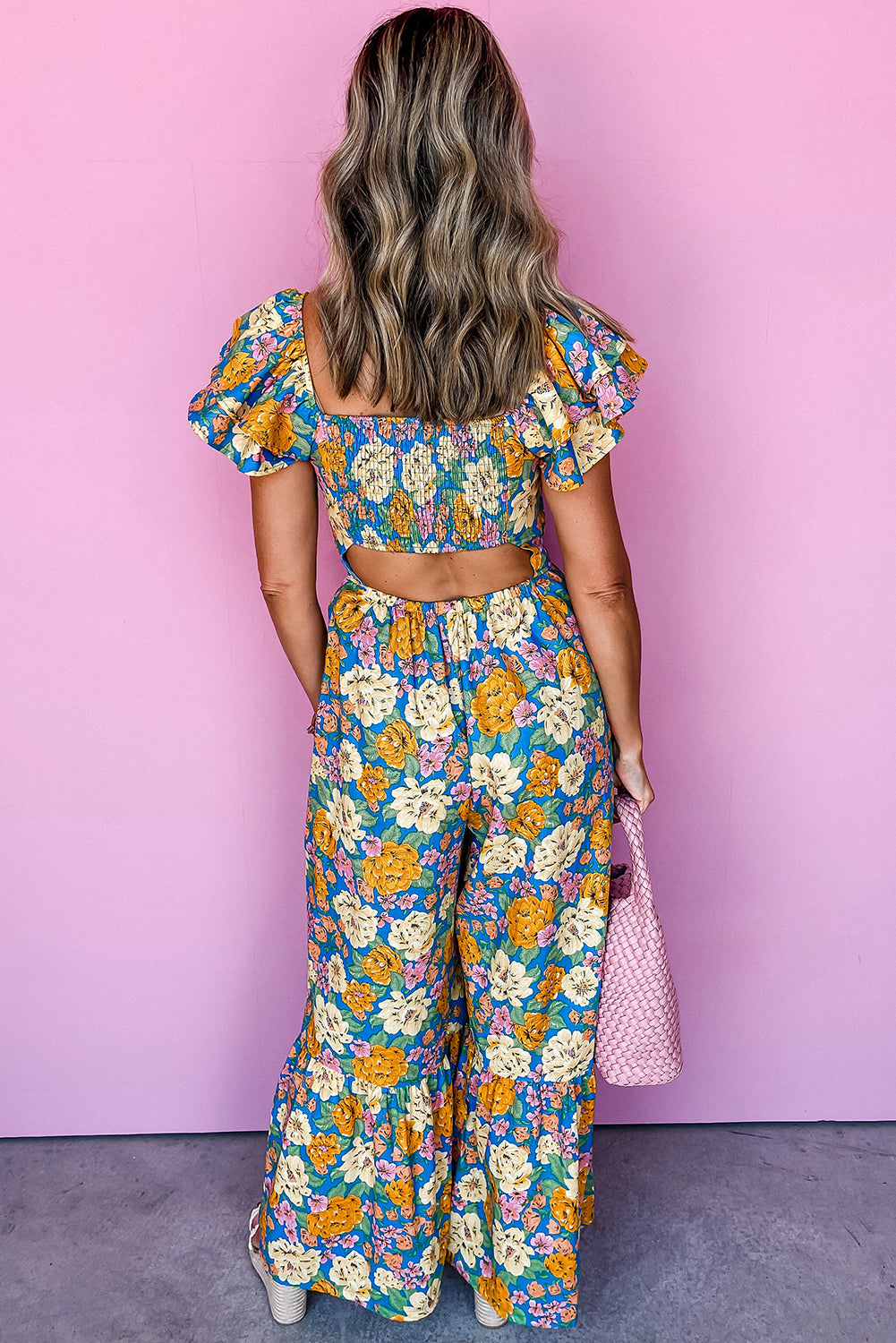 Floral Shirred Cut Out Jumpsuit