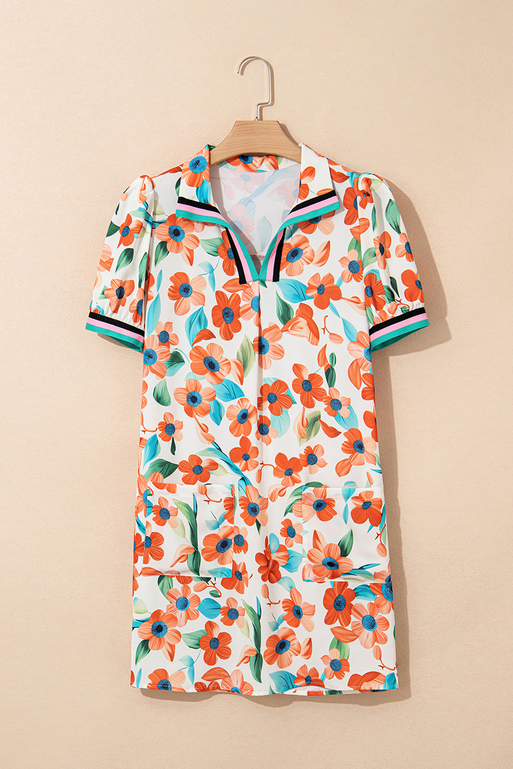 Contrast Trim Floral Split Neck Puff Short Sleeve Tiered Mini Dress