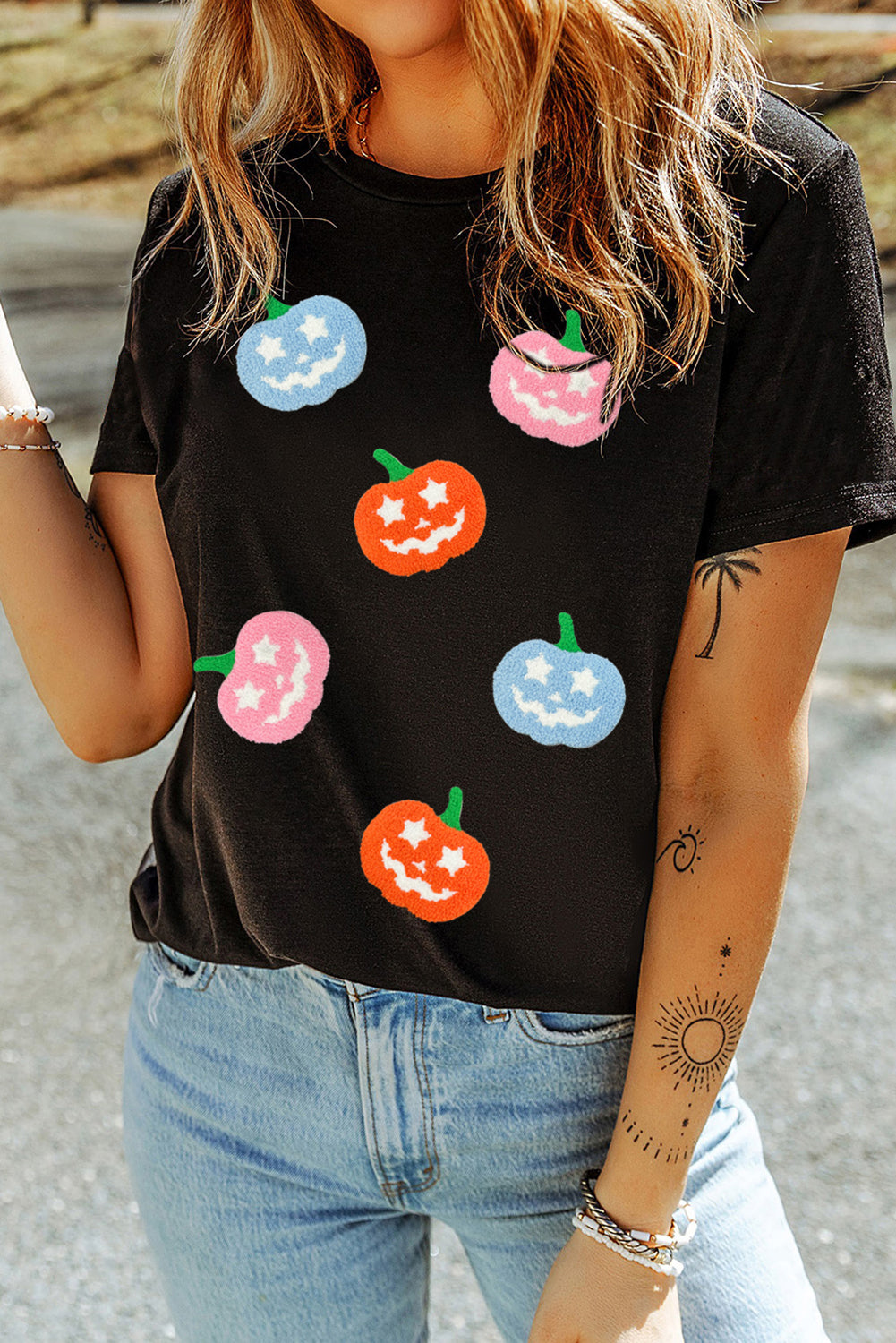 Chenille Pumpkin Patched Playful Halloween T Shirt