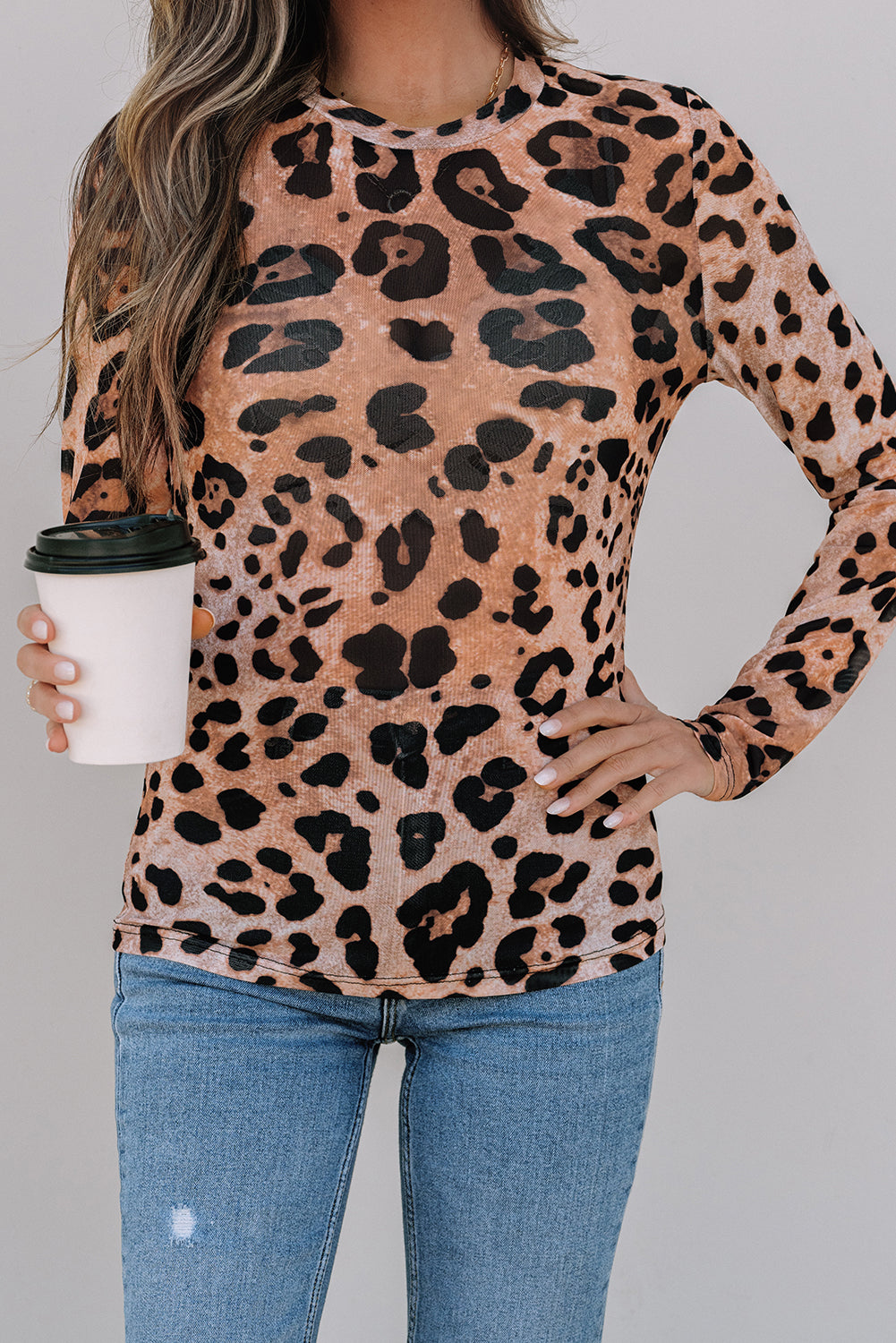 Leopard Round Neck Long Sleeve Slim Top