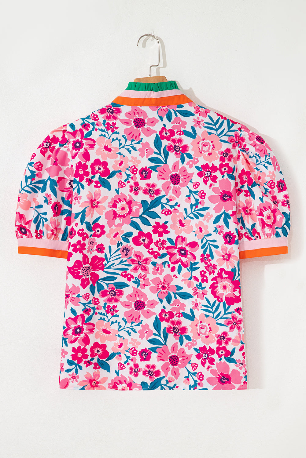 Floral Print Contrast Striped Detail Short Sleeve Blouse