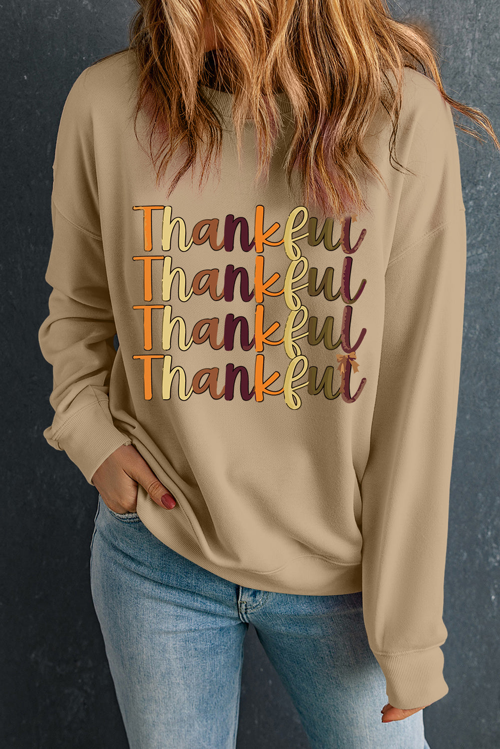 Thankful Repeated Print Drop Shoulder Casual Sweatshirt
