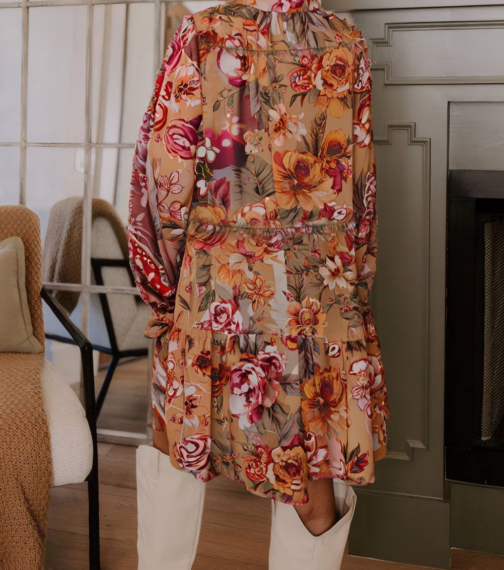 Vintage Floral Print Shirt Style Half Button Long Sleeve Ruffle Mini Dress