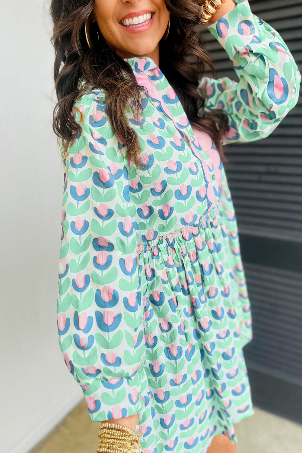 Floral Print Notched Neck Scalloped Detail Long Sleeve Mini Dress